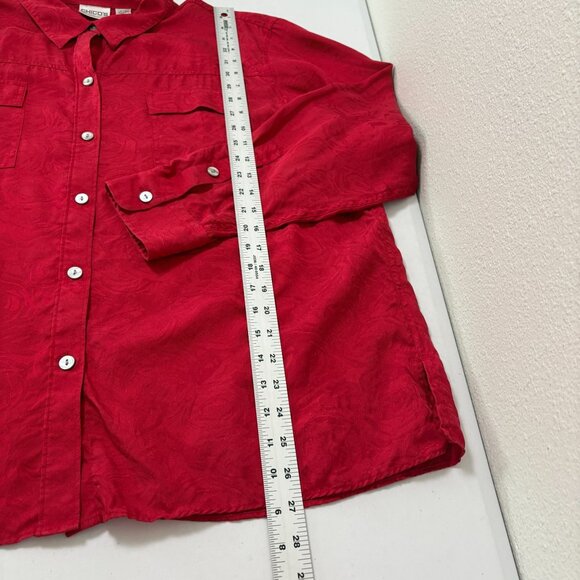 Chicos Button Front Top Size 3 XL Red 100% Silk Textured Print Long Sleeve - Picture 9 of 10